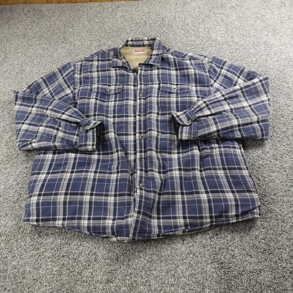 Wrangler Jacket Mens 3XL Blue Plaid Sherpa Lined Flannel Shirt Coat Warm Western